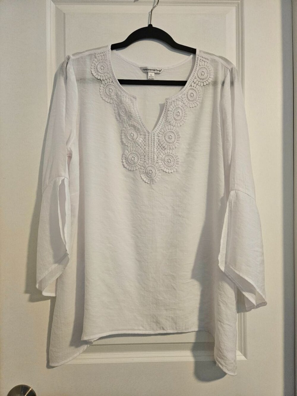 Fundamental Things White Boho Blouse XL Crochet Neck Bell Sleeve Top